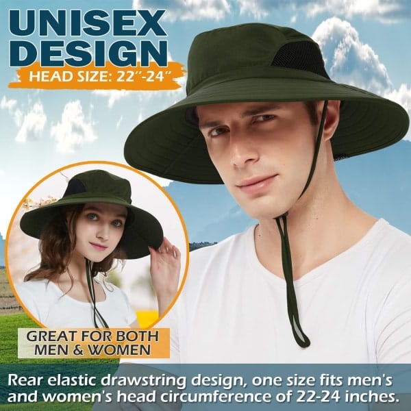 Unisex Solhatt, Vanntett Bredbremmet Bøttehatt Sammenleggbar Boonie Hatt for Fiske Vandring Hage Safari Strand Army Green