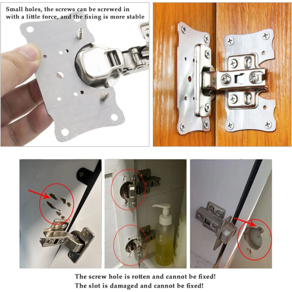 6 stk hengselreparasjon plate med hull og skruer, rustfritt stål hengselplate for skapreparasjon, tremøbler