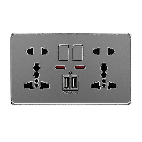 Monitoiminen UK 13A seinäpistorasia painikkeella, 2.1A kaksois-USB-latausportit, kolmireikäinen kaksireikäinen seinäpistorasia painikkeella Gray