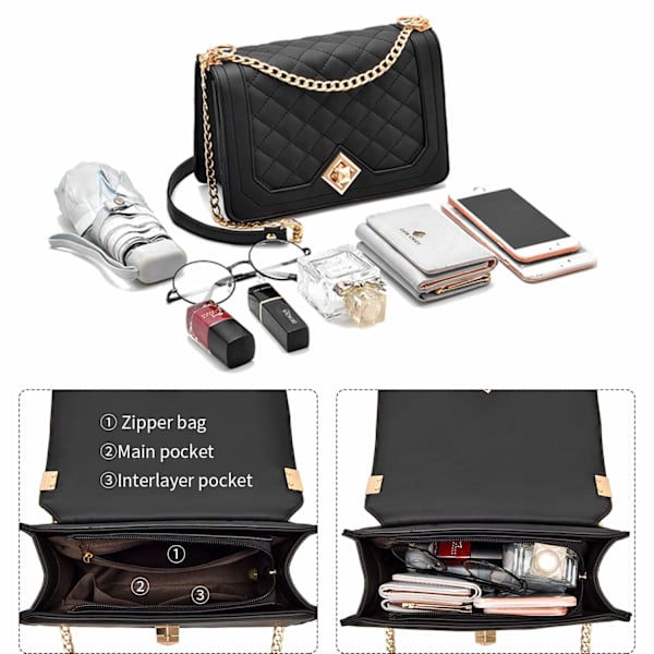Crossbody-tasker til kvinder - PU-læder quiltet håndtaske med guld kæde rem - Moderigtig sød crossbody telefon taske Black