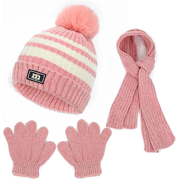 3-pack Vintermössa, Halsduk och Vantar för Barn 2-8 år - Pojkar och Flickor. Vintertillbehör Set, Tjock Stickad Varm Fleecefodrad Termisk Set Pink