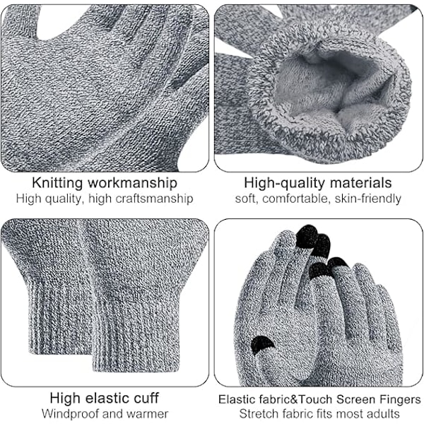 Vinter Unisex Beanie Hatt, Skjerf og Hansker Sett, Elastisk Strikket Hatt Langt Skjerf Berøringsskjermhansker Med Tykk Fleece Innerfôr for Menn og Kvinner Grey
