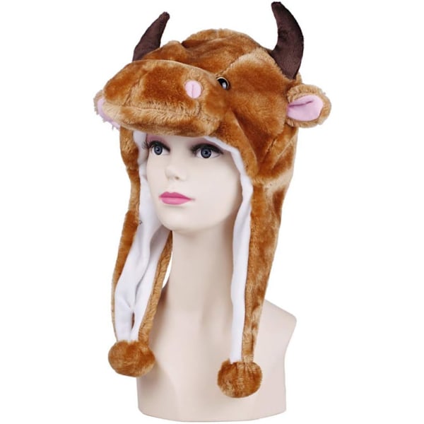 2-i-1 Hatt med Öronlappar och Halsduk Set Söt Plysch Djurhatt Cosplay Kostym Huvudbonad Varma Mjuka Mysiga Hattar för Barn Vuxna En Storlek Nyhet Huvudbonad Brown Ox