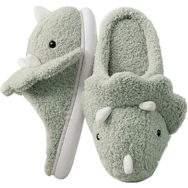 Vuxna Unisex Djurtofflor Varma Plysch Dinosaur Design Hemtofflor Roliga Triceratops Tofflor Halksäkra Sovrumstofflor Green 40-41