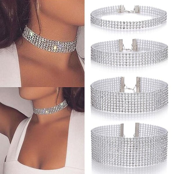 Rhinestone Choker Halskjede Sølv Glitrende Krystall Halskjeder Brude Halskjede Smykker for Kvinner 1