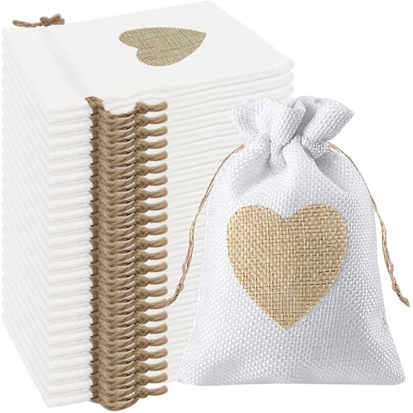 24 stk Hjerteformet Juteposer 10*14cm, for Smykkeskrin Bryllupsdekorasjoner for Godteri Gaver Dåp Bursdag Jul Små (Hvit) A