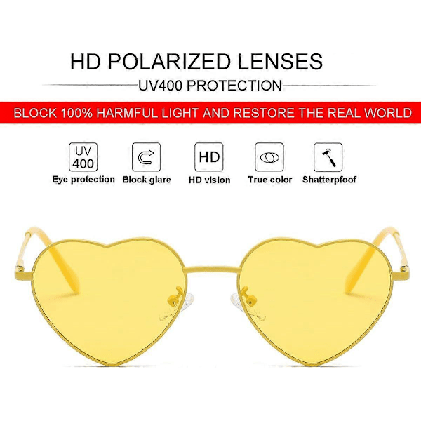 SDIGV Polariserede Hjerte Solbriller til Kvinder, Moderigtig Dejlig Stil Metalramme UV400 Beskyttelseslinse All Yellow