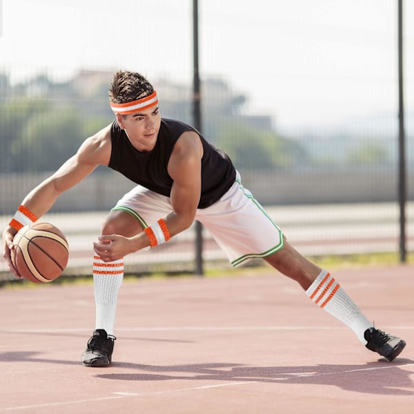 Sett med 3 svettebånd Sportshodeband Håndleddsstripe Svettebånd Terry Klut Håndleddsbånd Basketball Håndleddsbånd og Fuktighetsabsorberende Hodebånd Orange/White/Orange