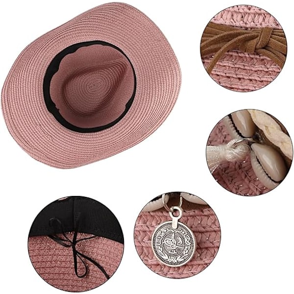 Sommerstrohat til kvinder - Cowboy Cowgirl Hat med bred skygge - Strandferie - Strohat med skalbånd Pink