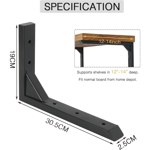 Slitstarka konsoler Set med väggmonterade triangulära hyllkonsoler Svarta järnhyllkonsoler med skruvar Stora hyllstöd 30.5cm