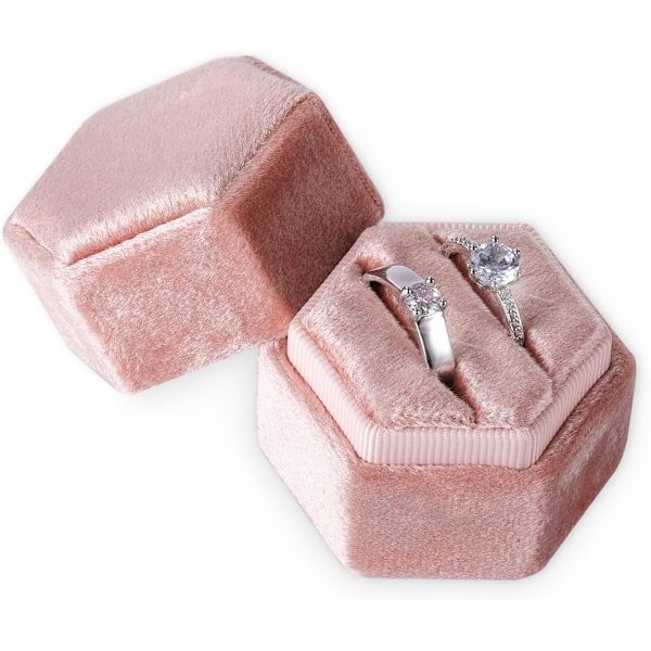 Fløjls Ringæske til Smykker Dobbelte Slidser Sekskantet Ringæske til Forlovelsesceremoni Bryllup Valentinsdag Holder 2 Ringe E