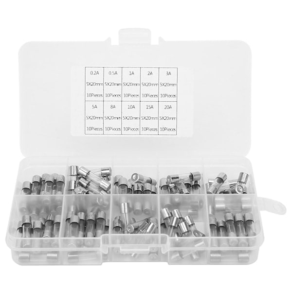 Glassikringer Blandet Sæt 100 stk. 5 x 20mm 0,2 til 20AMP Industritilbehør