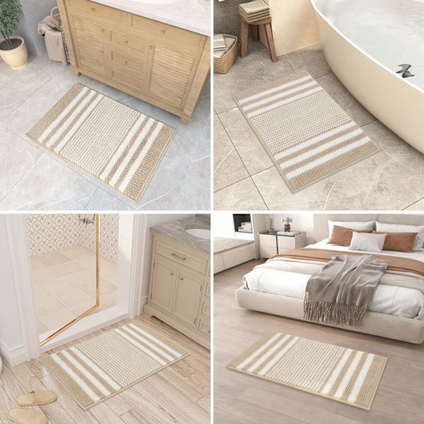 Badematte Teppe Ekstra Myk og Absorberende Fluffy Stripete Chenille, Sklisikker Lussete Badegulvmatte, Maskinvaskbar (40 x 60 cm) Khaki