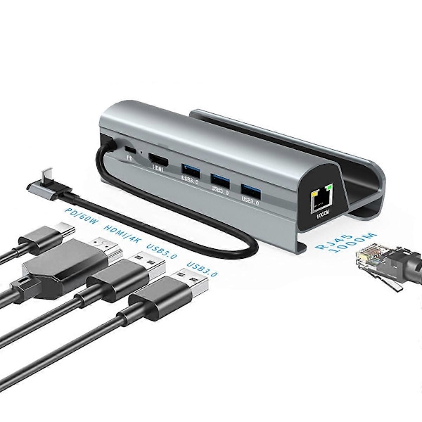 XYC Steam Deck -telakka, 6-in-1 Steam Deck -jalustateline, lisätarvikkeet, 3*USB 3.0 HDMI 4K@60Hz Gigabit Ethernet 1000Mbps USB-C PD 60W Steam Deck -keskitin