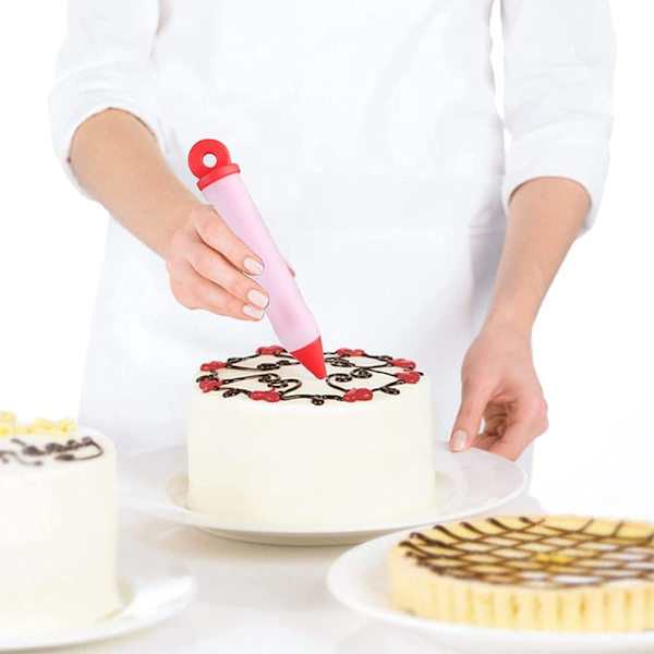 Silikonmatpenn for mat, kake- og sjokoladedesignpistol med 4 dyser, DIY-bakeverktøy for glasur og piping, syltetøypenn for desserter og cupcakes
