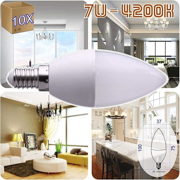 10 LED pærer 7W E14 C37 svarende til 60W, 330° spredning, neutralt hvidt lys 4200K. Perfekt til stuer.