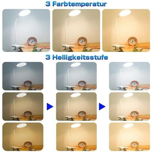 LED-pöytälamppu, lukulamppu, 3 väriä ja 3 himmennettävää, 20 LED-kiinnikkeellinen lukulamppu 360° joustava, 2500mAh kiinnikkeellinen lamppu
