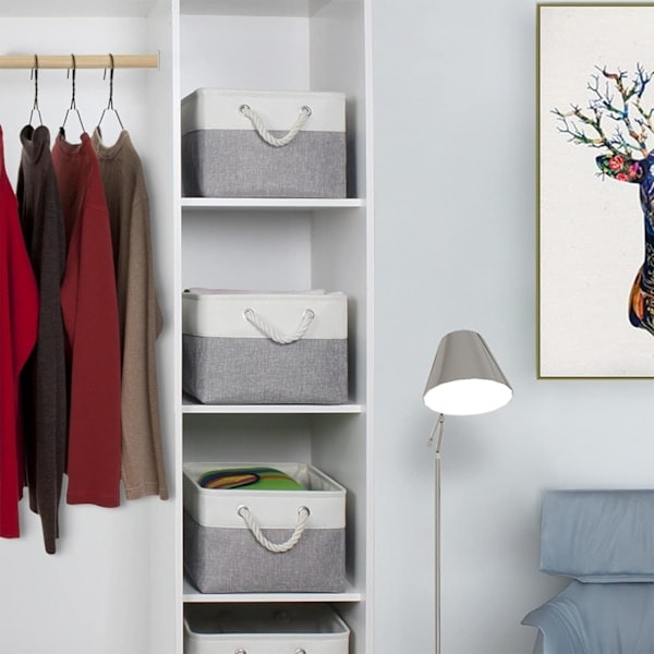 Oppbevaringskurv for hyller, oppbevaringsbokser med håndtak, store oppbevaringsbeholdere i stoff for organisering av hjem og kontor, hvit og grå White/Grey 15inch