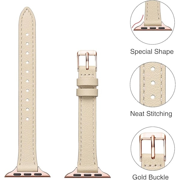 Lærreim Kompatibel med Apple Watch Remmer Ekte Slank & Tynn Lærutskiftingsreim, Armbånd for iwatch Serie Kvinner Menn Lvory white&Rosegold 38/40/41mm