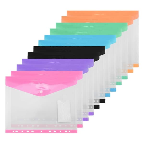 12-pack A4 plastmapp, expanderbara A4 expanderbara hålade fickor för A4-mappar, med snäppstängning och etikettficka