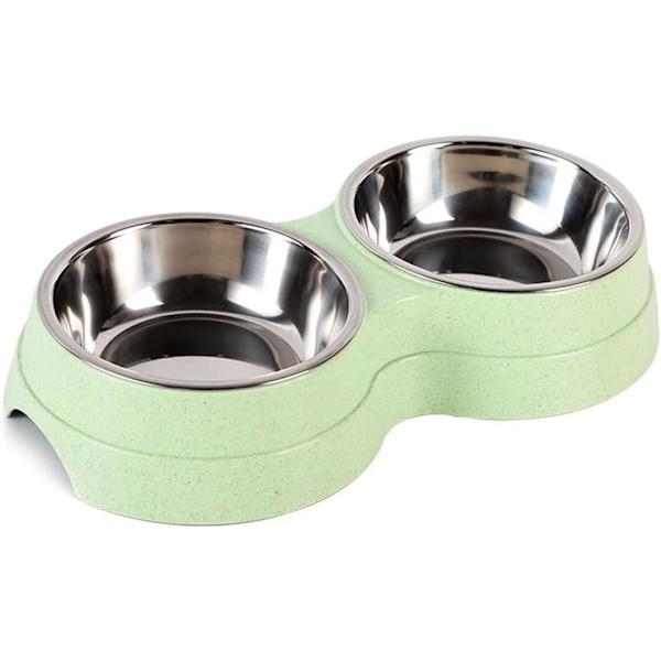 1 stk Dobbelt Hundebolle, Skridsikker Aftagelig Dobbelt Skål i Rustfrit Stål 2-i-1 Hundebolle med Spildfri Funktion til Små Hunde Green