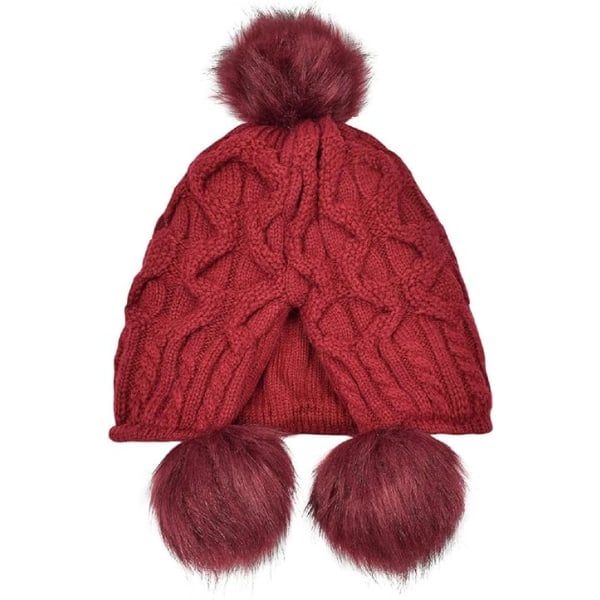 Vinterhue til kvinder, strikket med pompon, vindtætte øreklapper Red