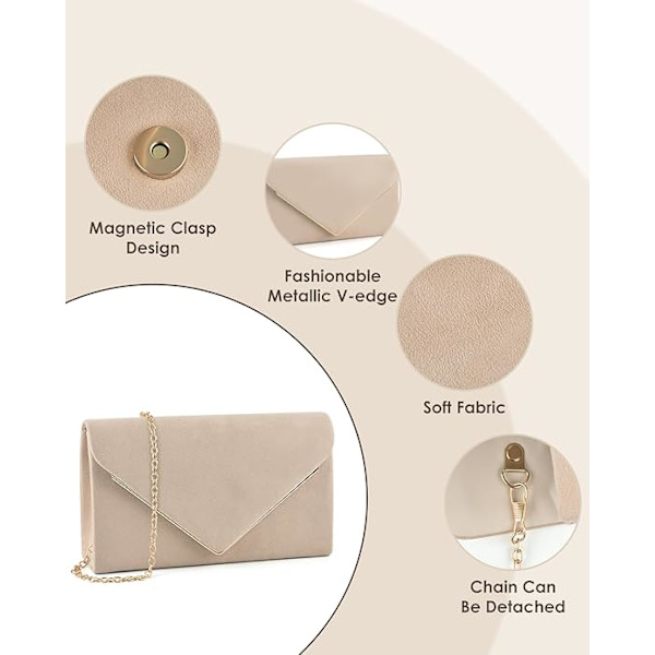Kvinners Faux Suede Kveldsclutchvesker, Prom Håndveske Formelle Festclutch Bryllupsvesker Cocktail Promenade Skulder med Avtakbar Stropp