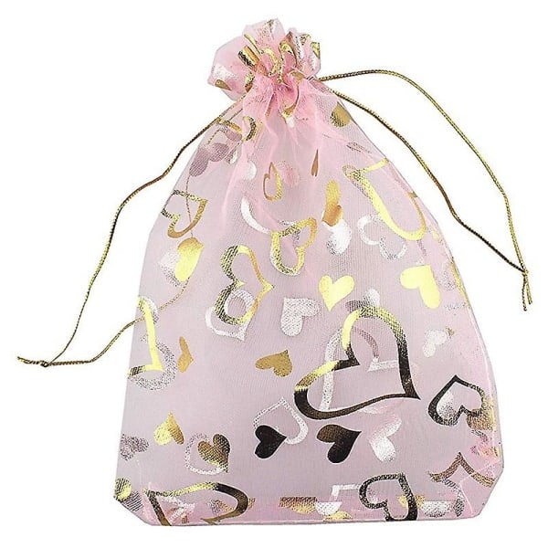 100 stk. 9x12cm Hjerteformede Pink Organzaposer Smykkeposer Organzaposer med Snøre Bryllup