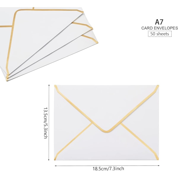 50 st inbjudningskuvert, V-flik kuvert för postkort, snabbförslutningskuvert med guldkant för födelsedagar, bröllop, examensfester, gratulationskort White