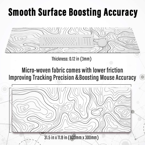 Stor spelmusmatta med sydda kanter, minimalistisk topografisk karta bordsmatta, utökad musmatta med halkfri 31,5 x 11,8 tum
