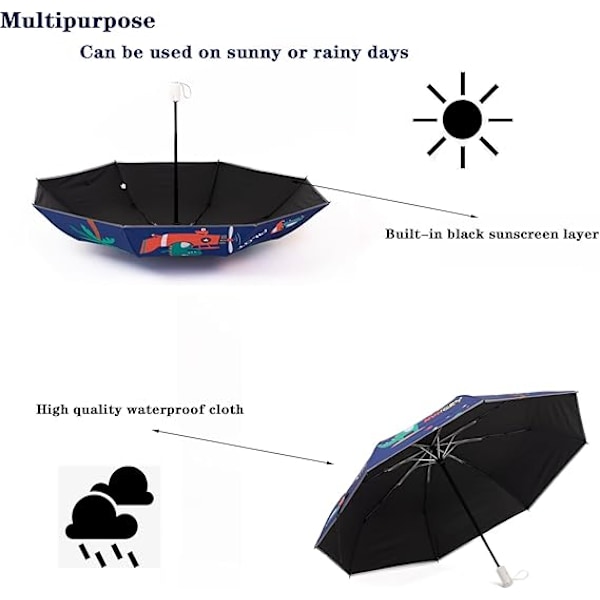 Automatisk Vikbart Barnparasoll UV-Resistent Reseparasoll En-Knapp Öppning-Stängning Cartoon Dinosaur Tryck Anti-Återfjädring Design Bärbar Vatten