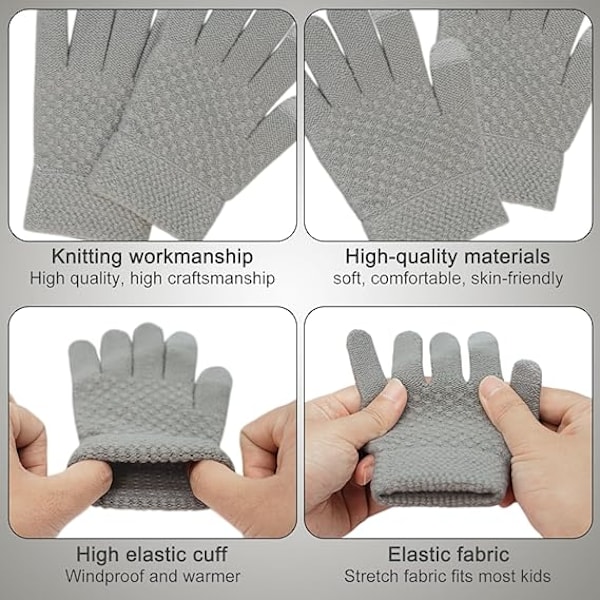 Vintermössa, Halsduk och Vantar Set för Barn, 3-Delar Stickad Varm Crochet Tjock Fluffig Halsduk Pom Pom Mössa Två Fingrar Touch Screen Vantar Set Grey