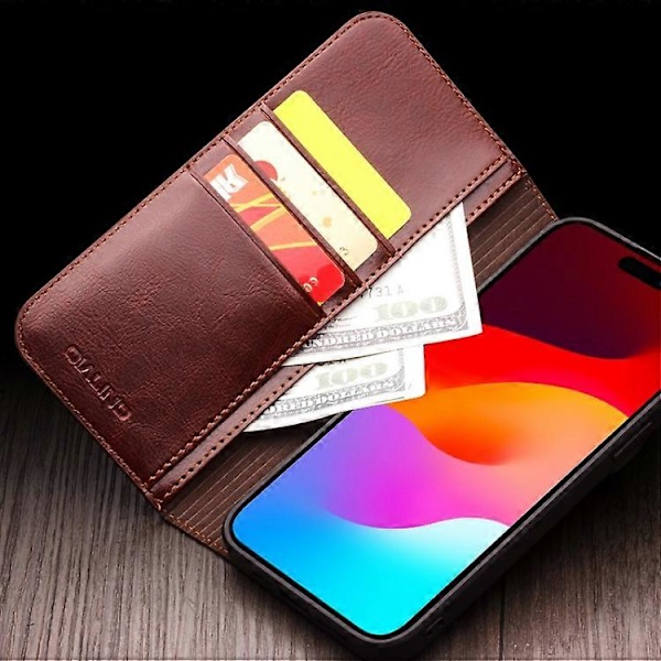 QIALINO Klassiskt äkta läderfodral för iPhone 15 Brown iPhone 15