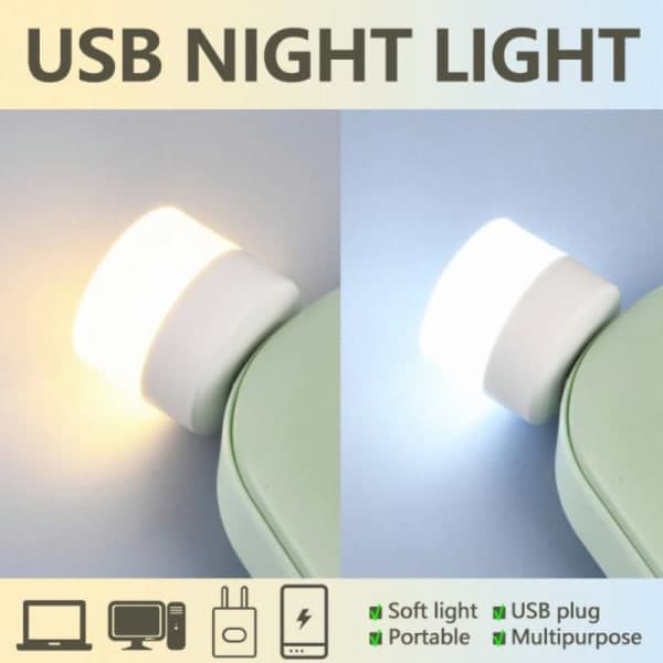 5 stk. USB Bærbar LED Mini Nattlys Liten Rund Lampe WARM WHITE