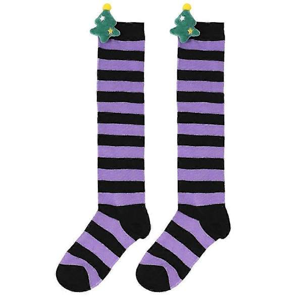 Nye efterårs- og vinterbørns julestrømper, søde plysdukkestrømper, knæstrømper, stribede strømper, tegneseriedukkestrømper purple blacked Christmas trees
