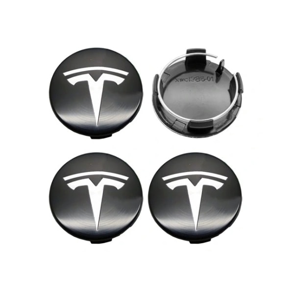 4-pakning - Tesla Senterhette / Hjulnav Emblem Black/Silver
