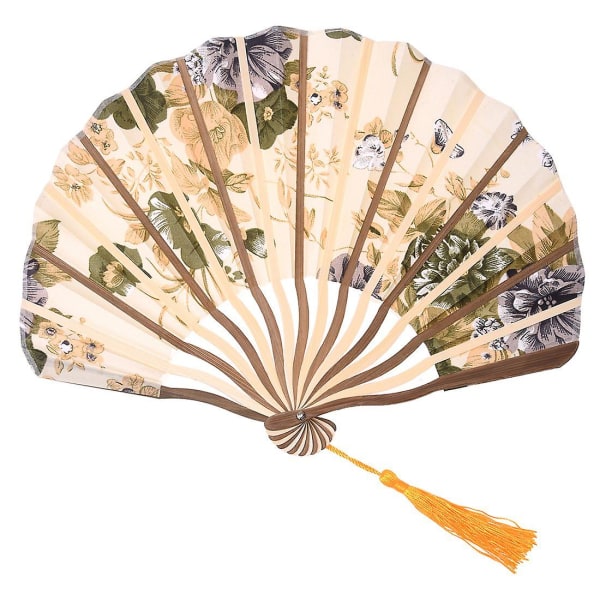 Klassisk stil Blomma Tyg Bambu Folding Dance Hand Fan Beige