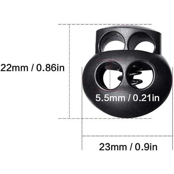 20 Pak Spring-Lås til Snore, Sorte Plastik Dobbelt Huls Snore Ender Fastgørelse Oval Toggle Stopper Skydere