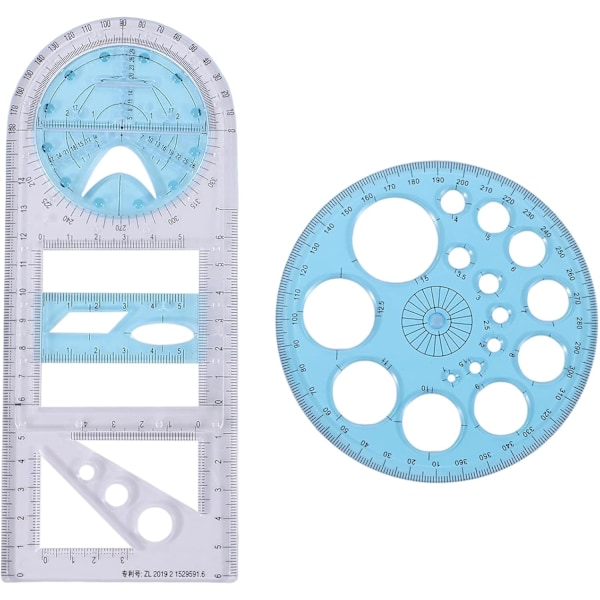 2 Pcs Multifunctional Geometric Ruler Plastic Circle Drawing Tool Drafting Templates Clear Graphic Design Tools