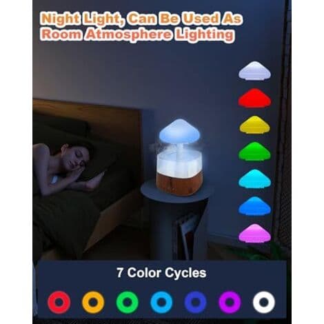 Regnskyer Effekt Luftfugter - 450ml Luftfugter, Aroma Diffuser med Omgivelseslys (30dB), 3 Befugtningstilstande, Regn Effekt Svampelampe