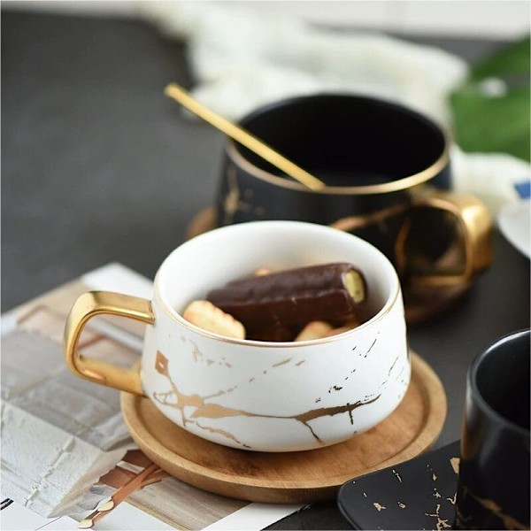 Porcelæn Te Kop Kaffe Kande Sæt til Eftermiddagste - Marmor Mønster (Sort, Kort 300ml + Træ Underkop)