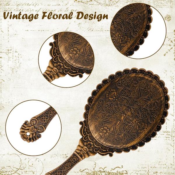 3 stk Vintage Håndspeil, Sminke Speil med Håndtak, Preget Blomster Vintage Speil Mini Ensidig Ovalt Speil