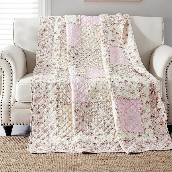 Patchwork sengetæppe til enkeltseng, bomulds patchwork tæppe, pink til piger, quiltet sofaoverkast, sengeoverkast, 150 x 200 cm med blomstermønster