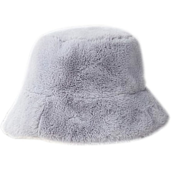 Dam trendig hink med mjuk fuskpäls fluffig tjock bred brätte härlig vinter varm hatt för flickor Gray One Size