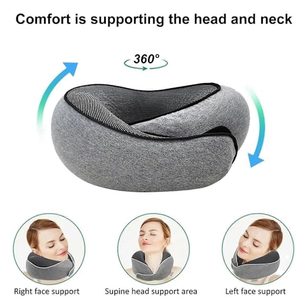Nackkudde i Memory Foam för Resor 360 Graders Stöd U-formad Flygplanskudde med Justerbar Kardborreband Tupplurskudde Black
