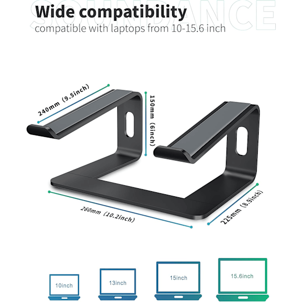 Aluminium Laptop Stand til Skrivebord Kompatibel med Mac MacBook Pro Air Apple Notebook, Metal Stand til 10 til 15.6 tommer PC Computer, LS1 Sort