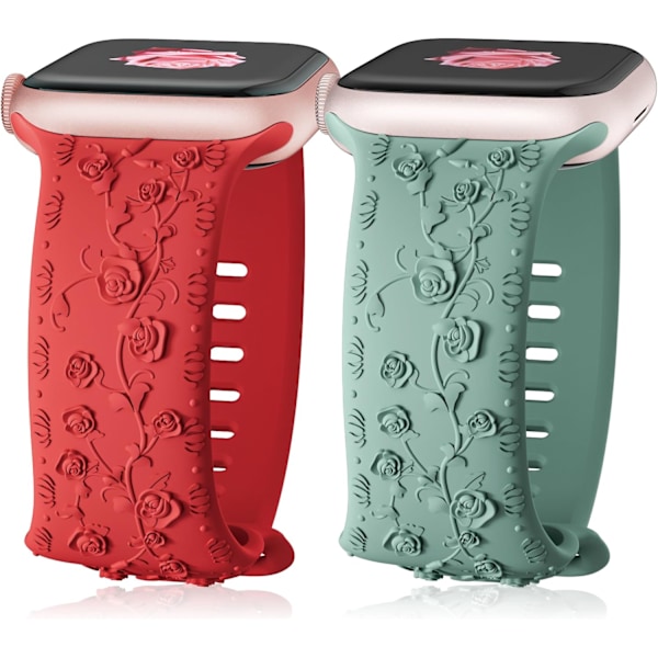 Gravert Rem for Apple Watch-reimer, iwatch-reim Kvinner, Myk Silikon Rose Blomstermønster Bånd for iWatch Series-reim Red/Cactus 38/40/41mm