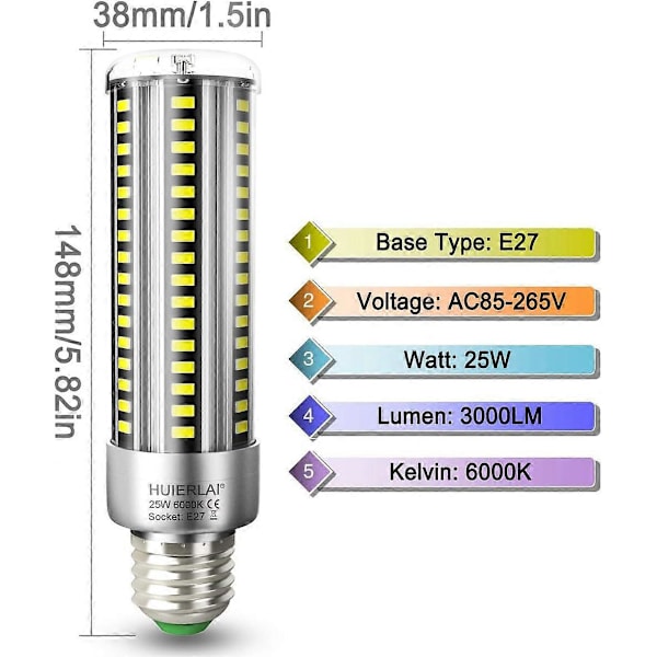 2 Pak E27 LED Majslys Pærer 25W Dagslys Hvid 6000K 3000LM Ækvivalent 250W Glødepære, E27 LED Majslys E27 LED Lys Ikke Dæmpbar