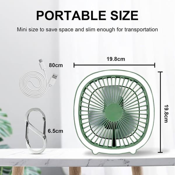Bærbar ventilator, Støjsvag ventilator, Tre vindhastigheder, Med trinløs lysændring Mini ventilator til