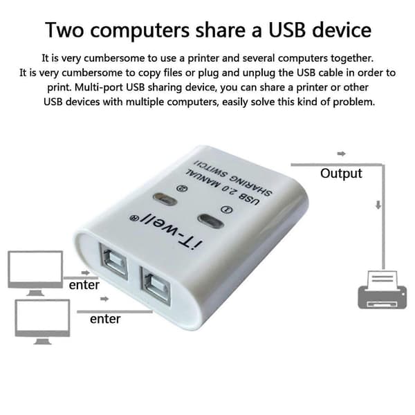 USB Switch Selector KVM Hub Adapter 2 PC Deling 1 USB Printer Delingsenheder Black